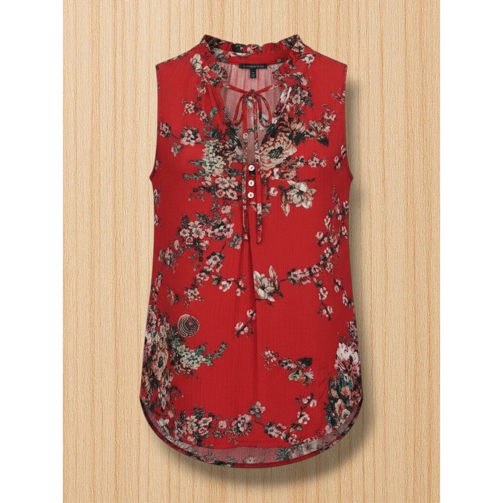 Staccato Red Floral Sleeveless Ruffle Neck Tie Front Blouse Small
